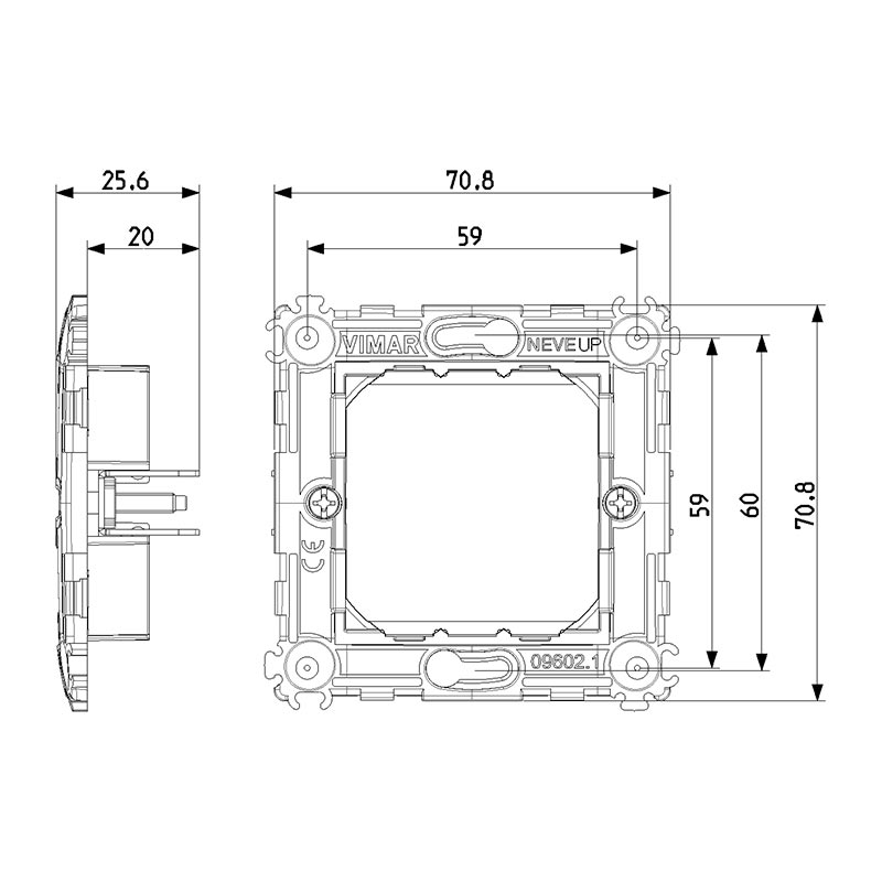 VIMAR Support 2 modules, avec griffes, pour boîtes d'encastrement ø 60 mm, modulable avec entraxe