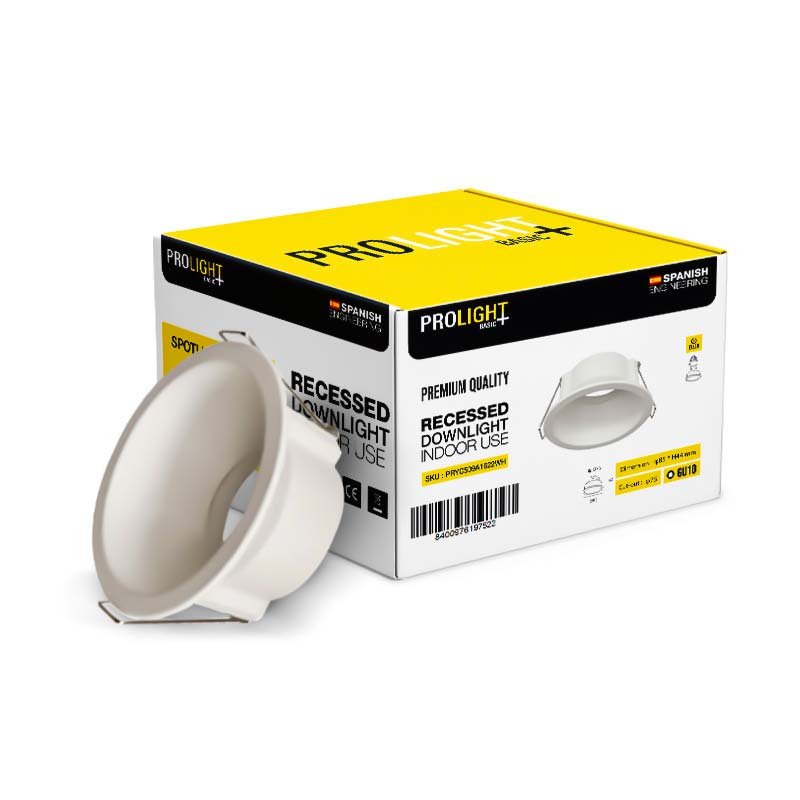 Support de Spot Rond Fixe Blanc PROLIGHT+ en aluminium pour ampoule MR16 / GU10 / 220V / 12V / IP20