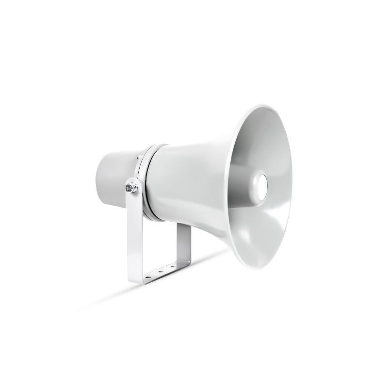 Horn speaker with 15W power, 70-100V voltage/ frequency response of 450Hz-5KHz/ and a sensitivity of 106dB.