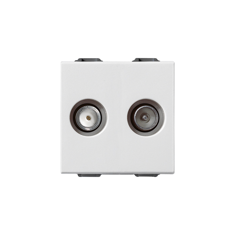 TV-RD-SAT coaxial socket outlet, 5-2400 Mhz, single connection, demixed, 2 outputs with male connector (TV-RD) and female connector type F (SAT), 1 dB connection attenuation, white - 2 modules. Allows the passage of DC current and control signals (24 V 500 mA max)

































