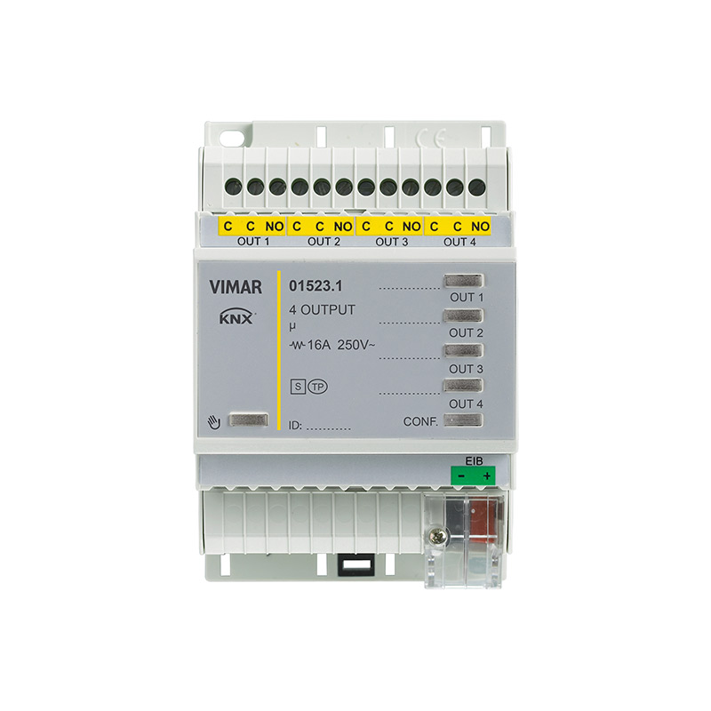 Actionneur 4 sorties à relais NO 16 A 250 V~, programmables avec fonction commande éclairage, stores avec orientation des lamelles, poussoirs pour commande locale, standard KNX, installation sur rail DIN (60715 TH35), occupe 4 modules de 17,5 mm