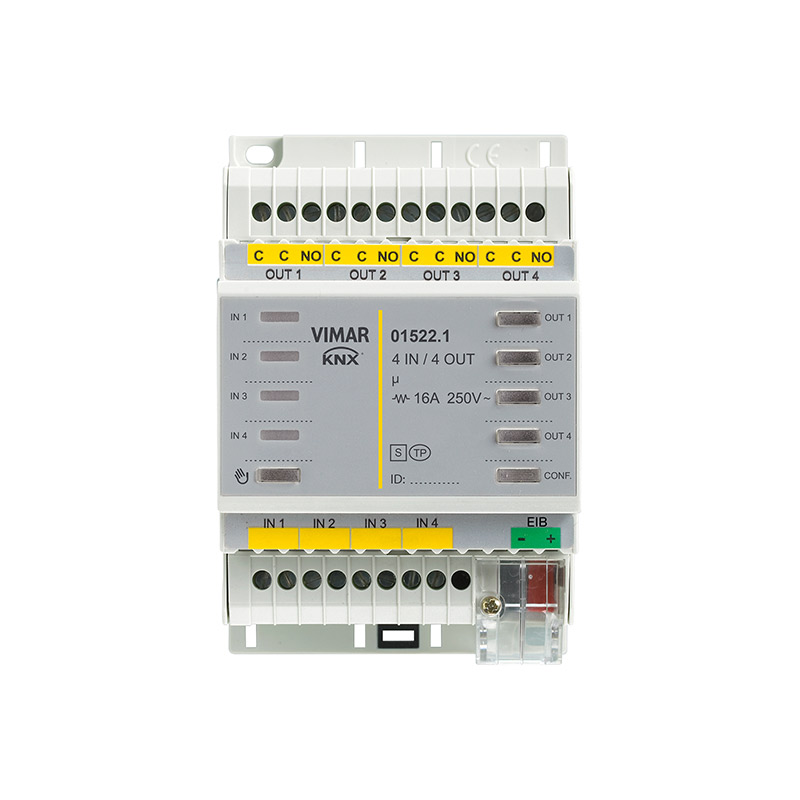 Dispositif 4 entrées/sorties, 4 sorties à relais NO 16 A 250 V~ programmables avec fonction commande éclairage, stores avec orientation des lamelles, poussoirs pour commande locale, 4 entrées numériques programmables pour contacts sans potentiel, standard KNX, installation sur rail DIN (60715 TH35), occupe 4 modules de 17,5 mm



