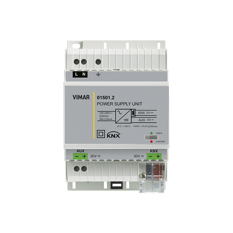 Power supply unit for home automation with Bus output of 30 Vdc 640 mA, auxiliary output 30 V d.c., power supply 120-240 V~ 50/60 Hz, with decoupling coil, KNX standard, installation on DIN rail (60715 TH35) occupies 4 17,5 mm modules
























































