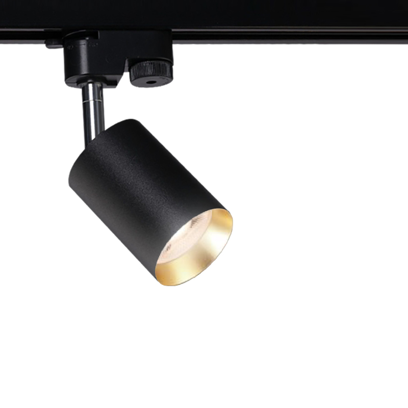 Spotlight sur rail orientable noir sable avec anneau intérieur en or en aluminium, diamètre de φ60xH85mm et de type LED GU10 / Avec adaptateur pour 2 fils de piste