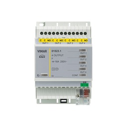 Actuator with 4 NO relay outputs 16 A 250 V~, programmable with control function for lights, roller shutters with slat orientation, push buttons for local control, KNX standard, installation on DIN rail (60715 TH35), occupies 4 modules size 17.5 mm




















































