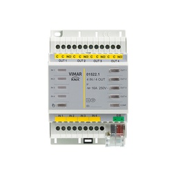 Device with 4 inputs/outputs, 4 NO relay outputs 16 A 250 V~, programmable with control function for lights, roller shutters with slat orientation, push buttons for local control, 4 programmable digital inputs for potential-free contacts, KNX standard, installation on DIN rail (60715 TH35), occupies 4 modules size 17.5 mm
























































