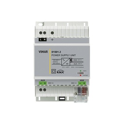 Alimentation pour domotique avec sortie Bus 30 Vcc 640 mA, sortie auxiliaire 30 Vcc, alimentation 120-240 V ~ 50/60 Hz, avec bobine de découplage, standard KNX, installation sur guide DIN (60715 TH35), occupe 4 modules de 17,5 mm



