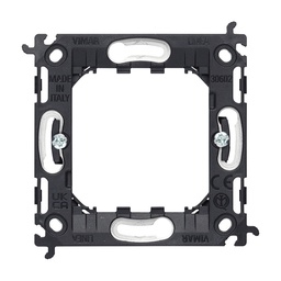 2-module mounting frame, with claws, for flush mounting box ø 60 mm, modular with distance between centres of 71 mm. Remove the thickness shim when used with plasterboard walls.